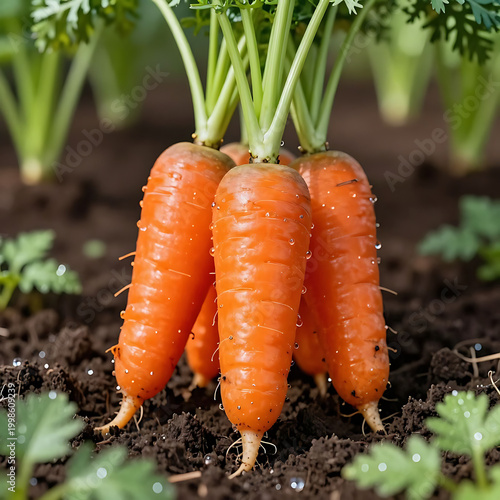 Freshly harvested organic carrots with soil and green tops in garden bed