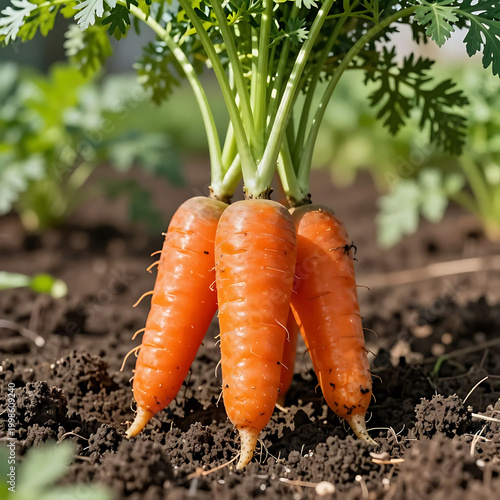 Freshly harvested organic carrots with green tops in garden soil, natural lighting
