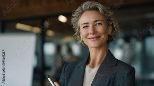 Heavy-set female executive confidently leading boardroom presentation, laser pointer in hand, colleagues engaged, glass and steel office interior, professional competence, weight neutral leadership,