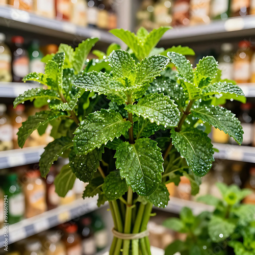 Fresh green mint bunch in clear glass vase with water droplets on leaves