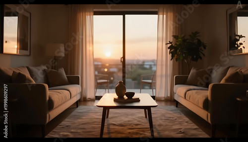 Cozy living room with cat at sunset and city view through large windows