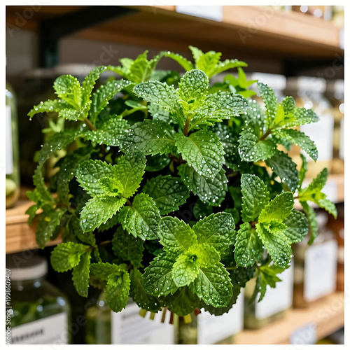 Fresh green mint plant in white pot on modern kitchen windowsill with natural light
