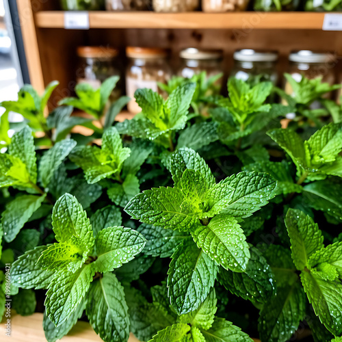 Fresh green mint leaves growing in glass jars on wooden shelf for herbal use