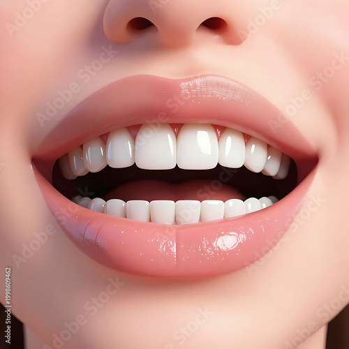 Close-up of smiling woman showing perfect white teeth and healthy gums
