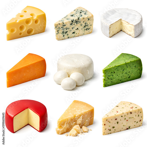 Assortment of various cheese types on neutral background for food photography