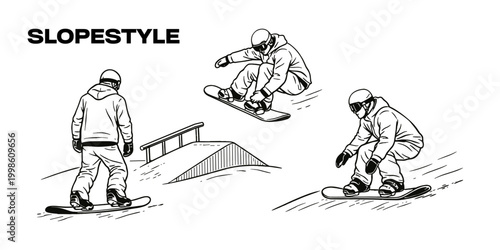 Slopestyle snowboarding icon set outline vector illustration