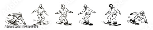 Snowboarding rider icon set outline vector illustration