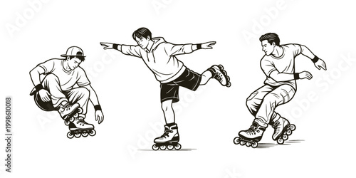 Men roller skating icon set outline vector illustration