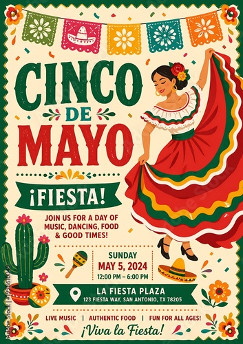 Vibrant cinco de mayo fiesta poster with dancing woman colorful decorations and event details celebration