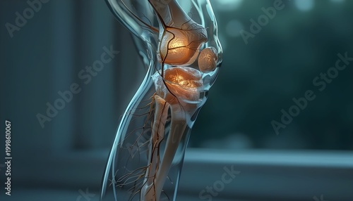 Human knee joint with bones and kneecap illuminated from within, medical concept of anatomy, pain and injury, detailed visualization of joint structure and movement.