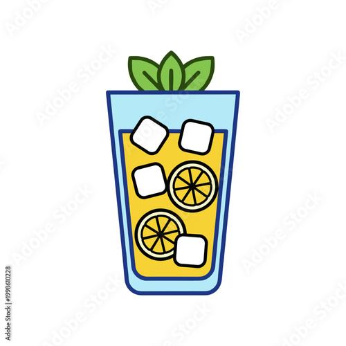 A refreshing glass of lemonade filled with ice cubes, lemon slices, and a garnish of fresh mint leaves.