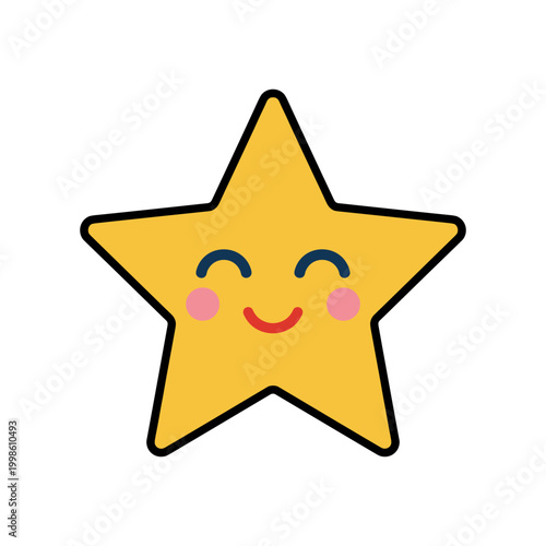 A cheerful yellow star with a bright, smiling face, rosy cheeks, and twinkling eyes, emanating joy and positivity.