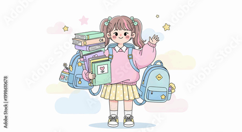 A Cute Young Girl with Pigtails Holding a Stack of Books and a Backpack, Ready for School