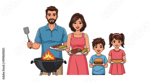 A cheerful family, including parents and two children, are enjoying a backyard barbecue, with the father grilling and everyone holding delicious plates of food.