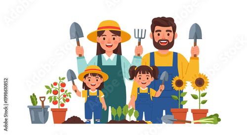 A happy family of four, including parents and two young children, smiling proudly as they engage in a fun gardening activity together.