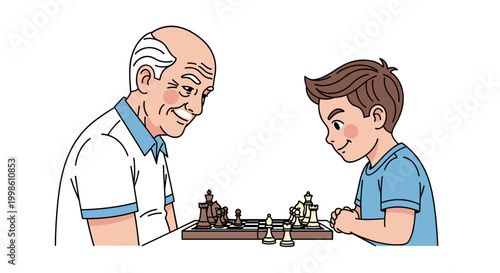 A wise grandfather and his young grandson are intensely focused on a challenging game of chess, sharing a quiet moment of strategy.