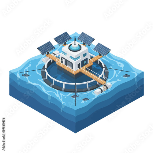 isometric floating fish farm with solar panels and sustainable aquaculture vector illustration. Ideal for eco-friendly business, renewable energy, marine conservation, and green technology marketing.