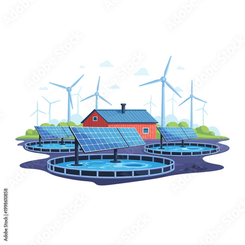 Flat design vector illustration of a modern eco-friendly farm powered by renewable energy sources, ideal for green marketing, environmental campaigns, and educational materials on sustainability.