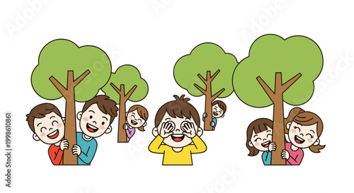 Several cheerful children are happily playing an energetic game of hide-and-seek among vibrant green trees, peeking out with joyous expressions.