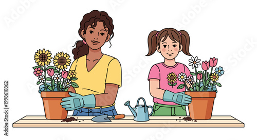 A cheerful mother and her daughter are happily planting colorful flowers in terracotta pots on a wooden table, enjoying their gardening hobby.