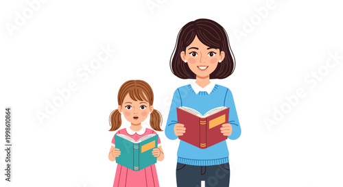A loving mother and her young daughter are standing side by side, both happily engaged in reading their respective books with keen interest.