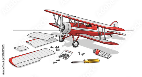 A detailed illustration of a vintage red biplane model kit, with various parts, tools, and instructions laid out, ready for assembly.