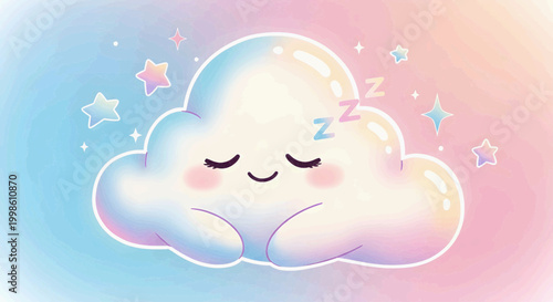 A sweet, peaceful cartoon cloud character peacefully napping amidst twinkling stars and soft pastel gradients, embodying a serene and dreamy atmosphere perfect for relaxation and imagination