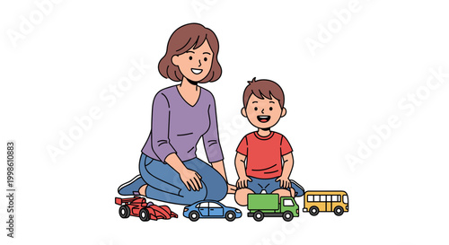 A loving mother and her young son are happily playing with toy cars on the floor, enjoying quality time together.