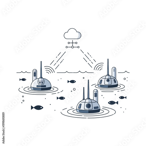 Networked ocean sensors and buoys transmit data to the cloud, illustrating smart technology for marine research, environmental monitoring, or offshore operations.