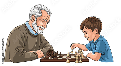 A wise grandfather and his clever grandson are intently playing a strategic game of chess together, enjoying intellectual bonding.