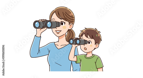 A curious mother and her young son are looking through binoculars, exploring their surroundings and discovering something new.
