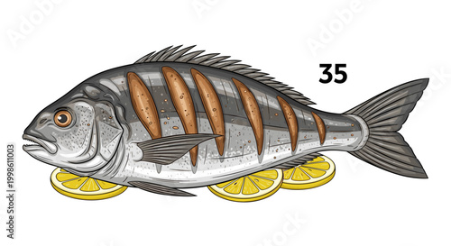 A freshly grilled whole fish, adorned with appetizing grill marks, rests elegantly on several bright lemon slices, indicating a healthy and delicious meal.