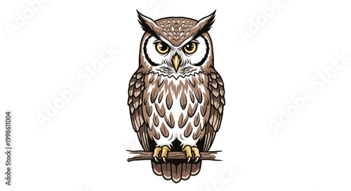 A majestic and wise owl with striking yellow eyes perches calmly on a branch, embodying wisdom, nature's beauty, and nocturnal quietude.