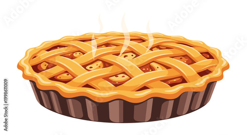 A freshly baked, steaming apple pie with a beautiful lattice crust sits temptingly, ready to be enjoyed as a classic dessert.