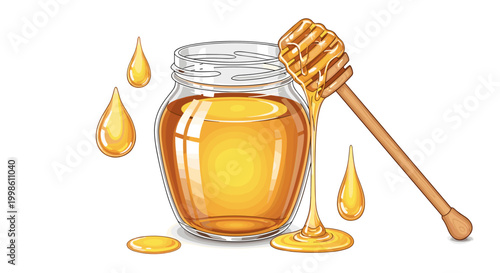 A delicious and sweet illustration featuring a glass jar overflowing with golden honey, accompanied by a wooden honey dipper and glistening drops.