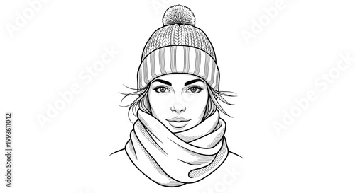 A stylish and cozy monochrome line art illustration of a young woman wearing a warm knitted winter hat with a pom-pom and a thick scarf.