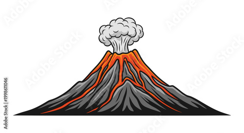 A powerful and active volcanic eruption illustration, depicting a mountain spewing fiery lava flows and a towering plume of ash and smoke.