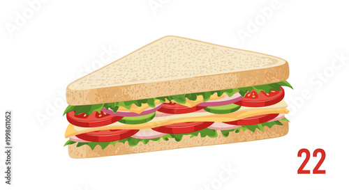 A delicious and freshly prepared triangular sandwich, generously filled with crisp lettuce, ripe tomatoes, savory cheese, and sliced onions for a meal.