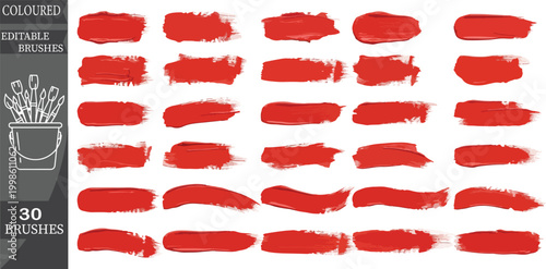 Set of 30 red brush strokes.Red paint brushes, colored brushes, editable vector, 30 brushes