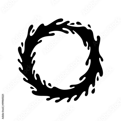 A dynamic black abstract circular splash or ripple, conveying movement and liquid form.
