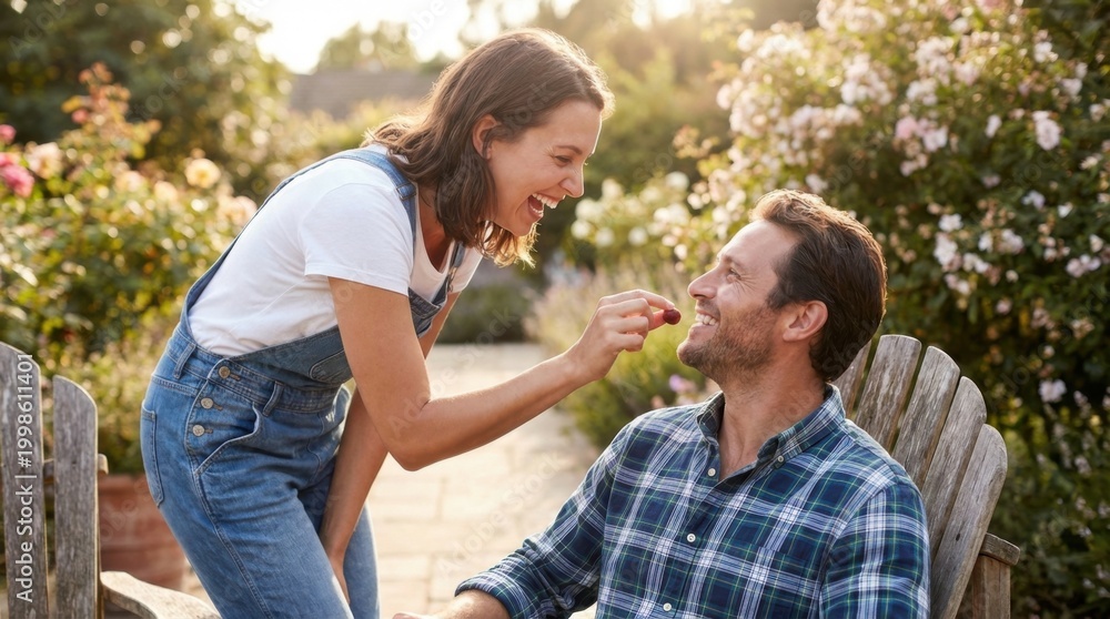 Fototapeta premium Joyful young adult woman in denim overalls feeding a red raspberry fruit to a Caucasian man sitting on a wooden chair outdoors.