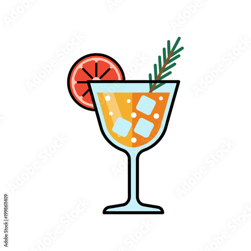 A refreshing orange cocktail with ice, a grapefruit slice, and a rosemary sprig in a stemmed glass.