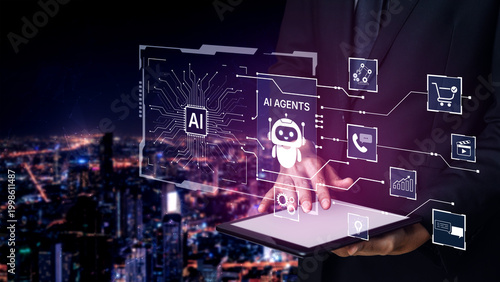 Obraz na plátně AI agents power automation for commerce, customer service, analytics and media operations, connecting tools and data to deliver faster decisions and scalable digital transformation