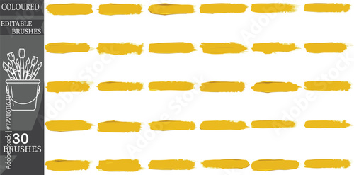 Yellow paint brushes, colored brush strokes, artistic tools, vector graphics