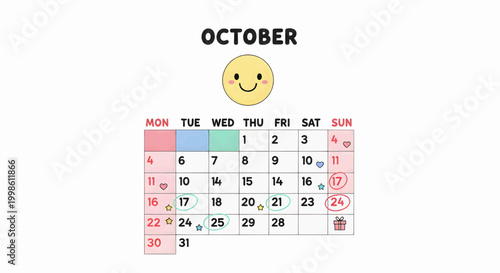 A vibrant October calendar illustration, cheerfully marking important dates, appointments, and special events with colorful circles and a friendly emoji, ideal for personal planning and organization