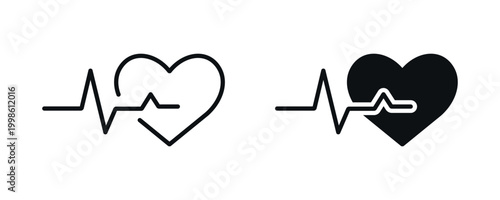 Heart rate monitor icon set, healthcare and pulse tracking concept with ECG line in line and solid style. vector illustration.