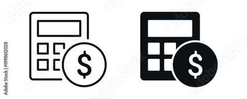 Finance calculator icon set, accounting and money calculation concept with dollar symbol in line and solid style. vector illustration.