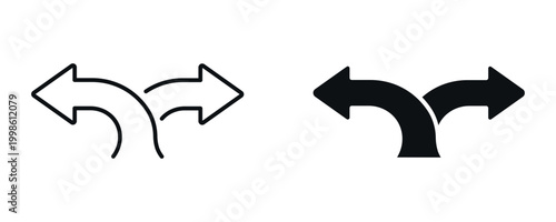 Split arrows icon set, direction change and divergence concept with left and right arrows in line and solid style. vector illustration.