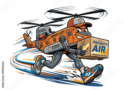 Cartoon helicopter mascot delivering a priority air package quickly and efficiently with a smile on its face in air cargo and logistics concept