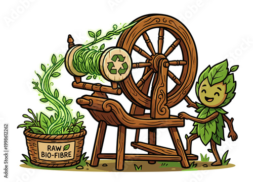 Eco-friendly cartoon character spinning raw bio-fibre into sustainable textile on wooden wheel